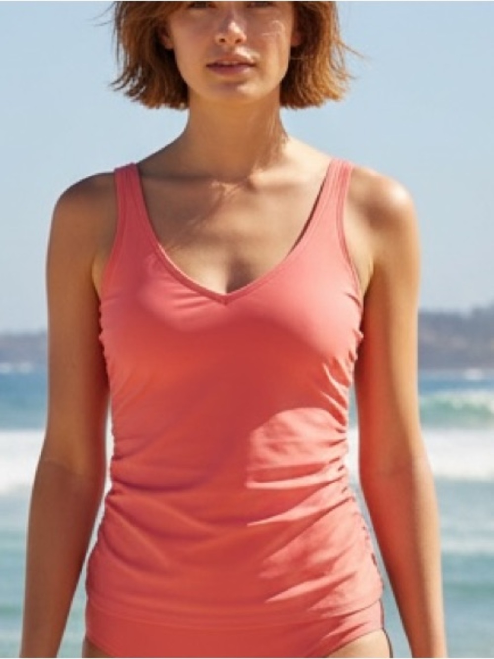 Lands’ End Coral V-Neck Side‎ Ruched Tankini Swim Top, Size 4, NWT